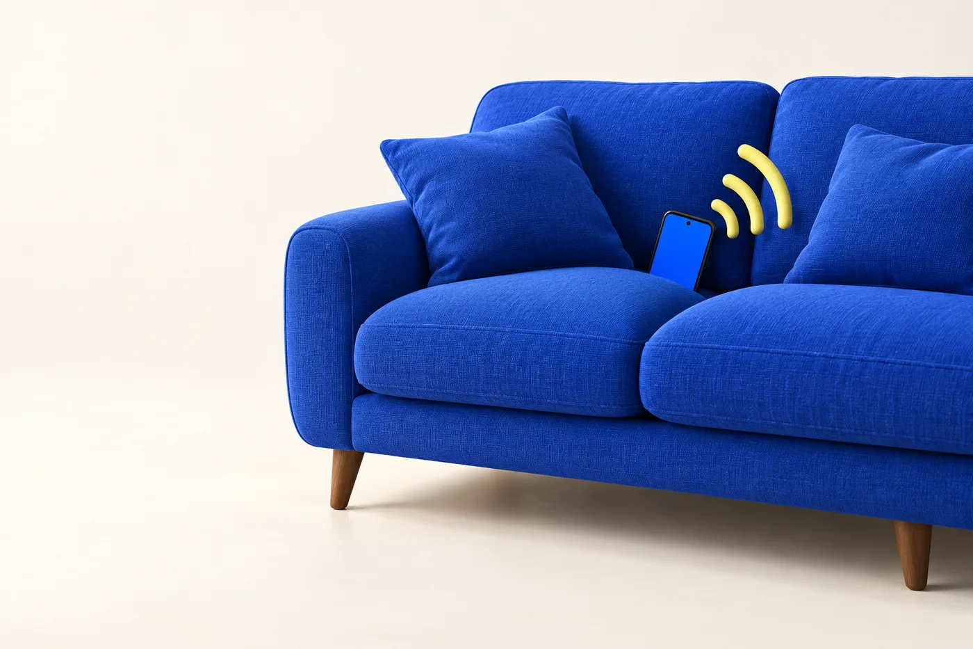A phone tucked between blue sofa cushions, with yellow sound waves showing where it is.